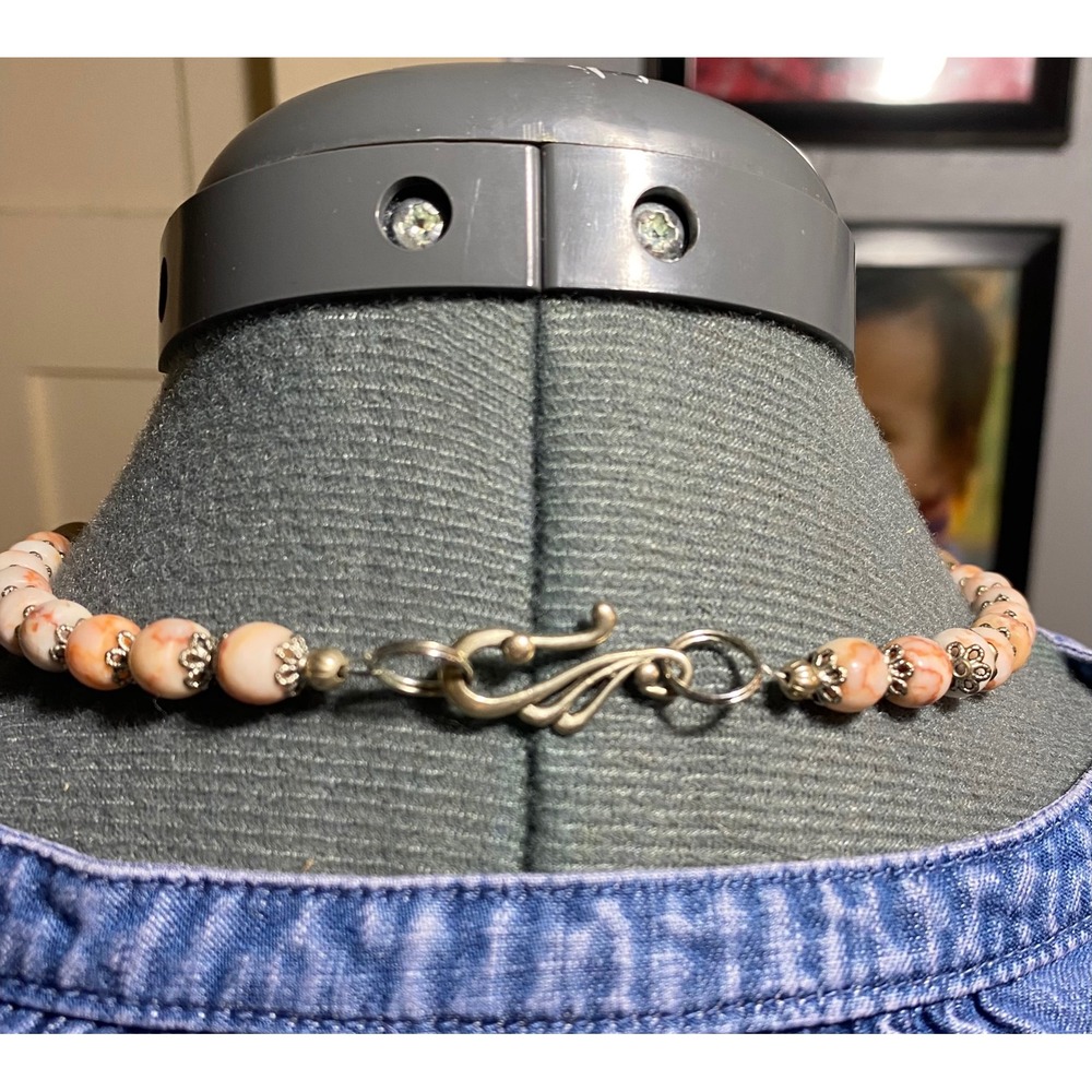 Boho Peach Marbled Stone Teardrop Pendant Beaded Statement Necklace Gold Tone - Picture 4 of 4